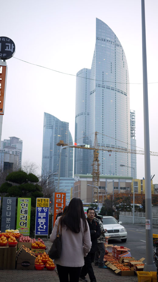 Dongbaekの街並みとスーランの背中