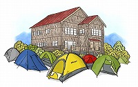 フリーのイラスト（ウェブでの使用不可）登山の山小屋とテント