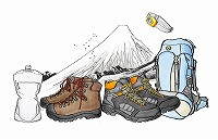 フリーのイラスト（ウェブでの使用不可）登山の装備と富士山