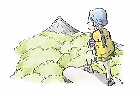 フリーのイラスト（ウェブでの使用不可）　遠くの山を眺める登山者