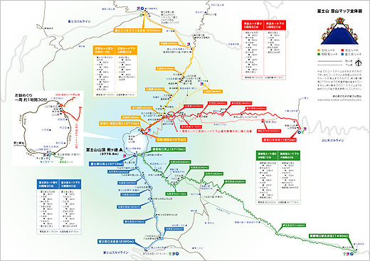 富士山の登山ルートの全体地図