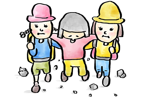 富士登山で高山病になった人を運ぶ人イラスト