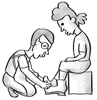 アウトドショップで登山靴を履かせてもらう イラスト