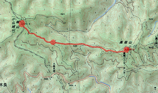 奥高尾 高尾山山頂から一丁平を経由した城山までの地図
