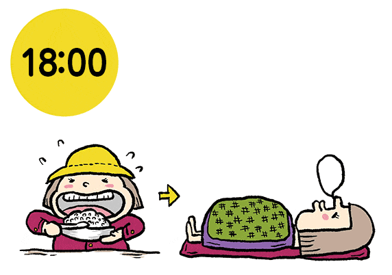 富士登山 山小屋での食事と仮眠 イラスト